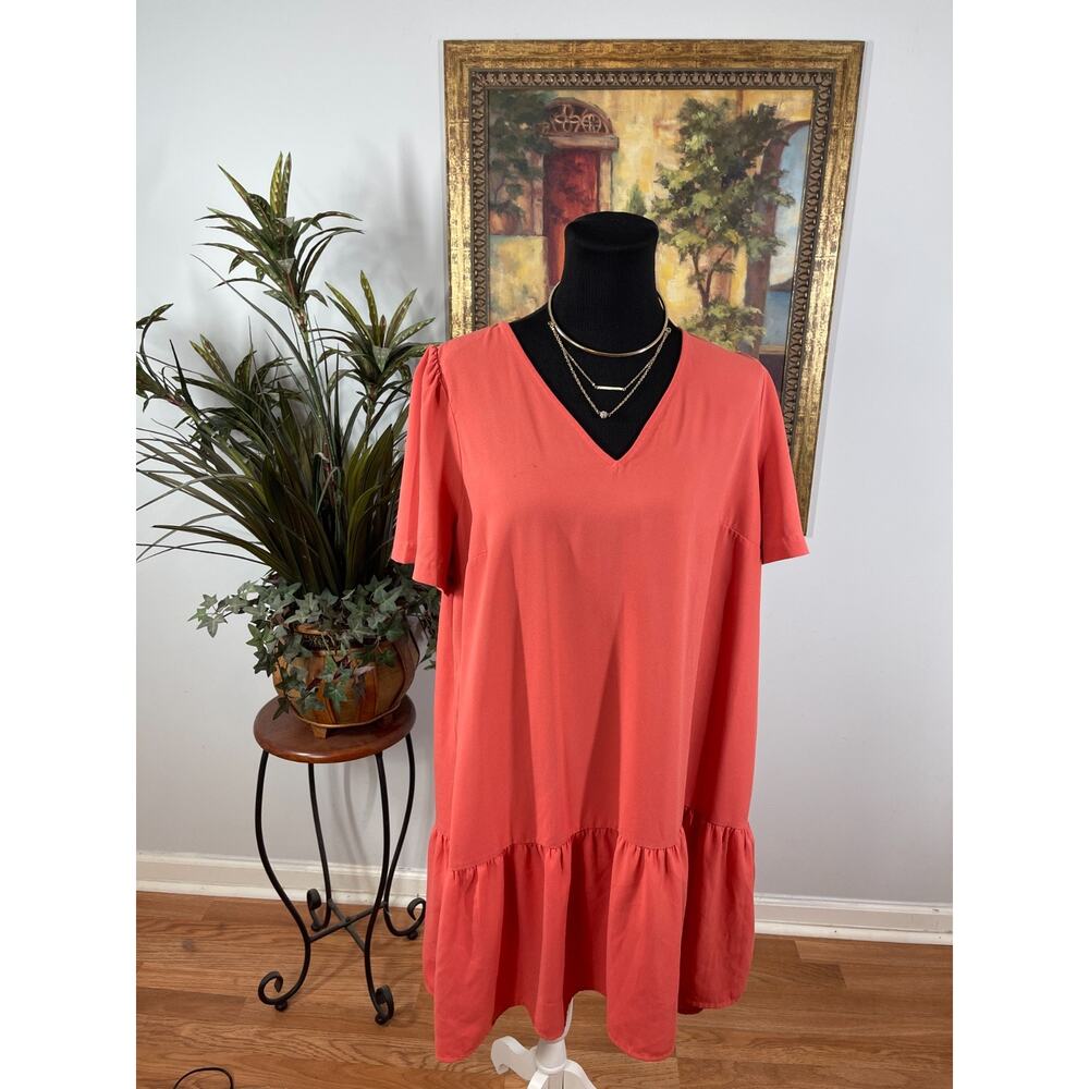 A New Day Shift Dress Womens L Coral Ruffle Hem Short‎ Sleeve Coquette Romantic